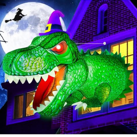 【Roaring T-Rex Appearance Creates Fright Halloween Atmosphere】The Halloween blow up yard decorations feature 4FT red-eye roaring T-rex appearance, with a witch hat on its head, the realistic skin textures highlighting the ferocious look. The built-in super bright LED light makes the dinosaur glow green and more vivid, definitely will be the most eye-catching Halloween decoration among your neighbors Halloween Yard Inflatables, Halloween Blow Ups, Yard Inflatables, Inflatable Decorations, Halloween Inflatables, Halloween Outdoor, Yard Decorations, Garden Lawn, Fright Night