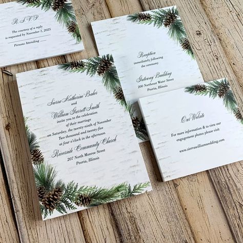 Winter Wedding Invitations | Rustic Winter Wedding Invitations | Birch Tree Wedding Invitation Suite with Pine Cone and Greenery Winter Themed Wedding Invitations, Pine Tree Wedding Invitations, Rustic Winter Wedding Invitations, Wedd Invitations, Pinecone Wedding Invitations, Winter Wedding Invites, Winter Greenery Wedding, Pine Wedding Invitations, Wedding Invitations Winter