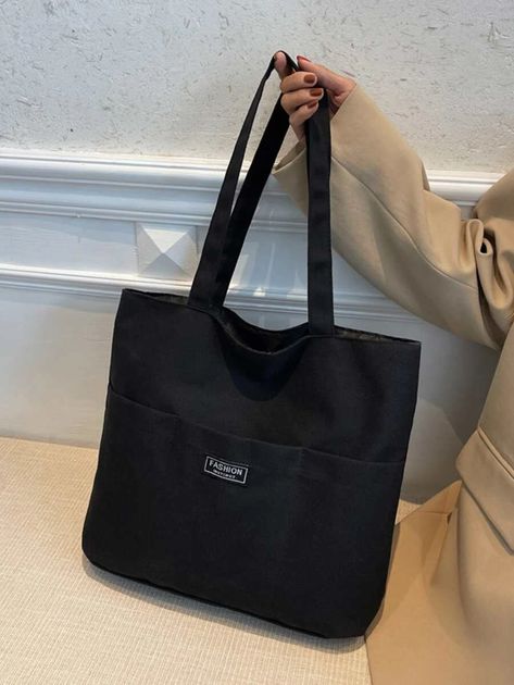 Uni Bag Aesthetic, Big Bags For Women, Uni Tote Bag, Bags For Uni, Black Tote Bag Aesthetic, Tout Bag, Plain Canvas Tote Bag, School Tote Bags, Tote Bags Aesthetic