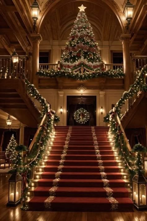 Castle Christmas Decor, Curved Staircase Christmas Decor, Luxury Christmas Decor Ideas, Hotel Christmas Decorations Lobbies, Christmas Stairwell, Mansion Christmas Decor, Hotel Christmas Decor, Luxury Christmas Party, Christmas Chandelier Ideas