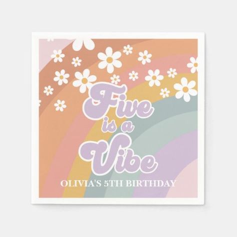 5 Is A Vibe, Five Is A Vibe, Birthday Napkins, Personalized Paper Napkins, Groovy Retro, Retro Rainbow, Rainbow Birthday, Kids Nursery Decor, Party Napkins