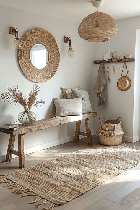 Boho Entryway Ideas, Bohemian Entryway, Boho Hallway, Minimalist Entryway, Boho Entryway, Brown Sofa Living Room, Boho Interior Design, Boho Style Decor, Boho Floor