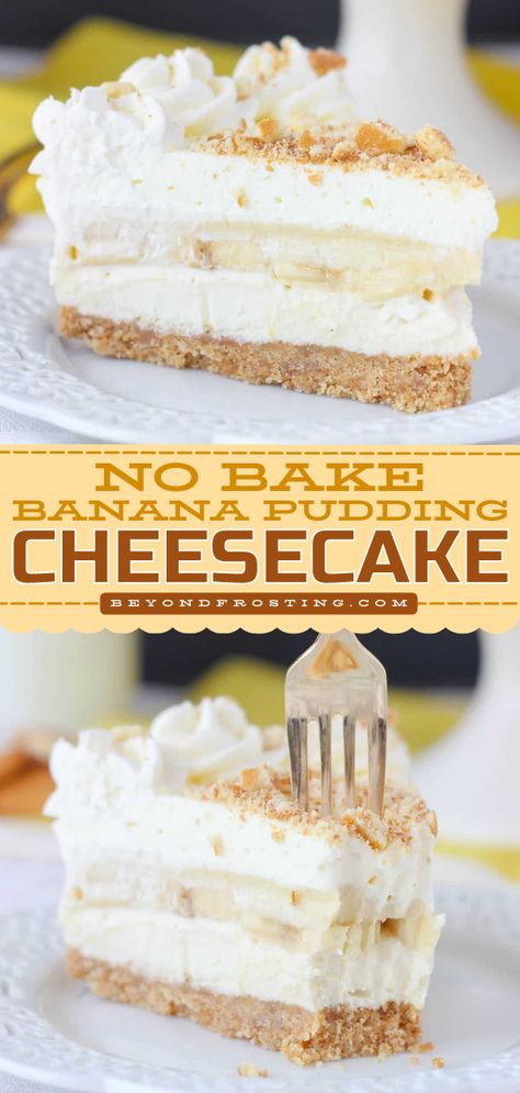 This no-bake banana pudding cheesecake recipe is the BEST! From the vanilla wafer crust all the way to the whipped cream topping, this banana cheesecake is an amazing summer dessert idea. Enjoy digging into this no-bake sweet! Banana Cream Pudding Cheesecake, Banana Cheesecake Recipe Easy, Easy No Bake Banana Pudding Cheesecake, Bannan A Pudding Cheesecake, Instant Pudding Cheesecake No Bake, Banana Cheesecake Recipe No Bake, Easy Banana Pudding Cheesecake, Banana Pudding Crunch Cheesecake Recipe, No Bake Pudding Cheesecake