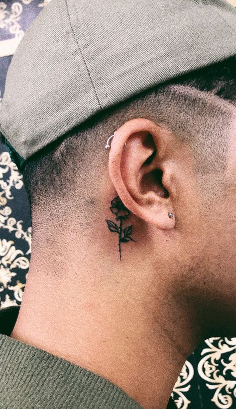 Rose Tattoo Behind Ear Men, Rose Behind Ear Tattoo Men, Mid Chest Tattoo Men, Behind Ear Tattoo Men Design, Rose Behind Ear Tattoo, Behind The Ear Tattoo Ideas For Men, Small Neck Tattoos Men, Flower Tattoo Ear, Behind Ear Tattoo Men