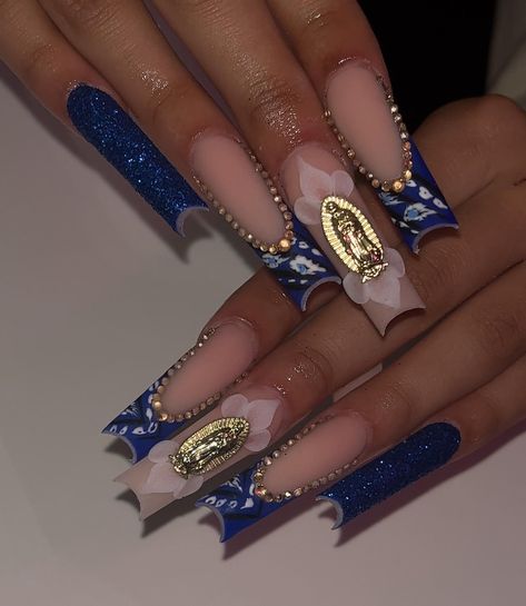 Blue Bandana Nails Blue Bandana Nails, Bandana Nails, New Year Nail, Snowflake Nail Design, Gold Chrome Nails, Acrylic Toes, Acrylic Toe Nails, Acrylic Nail Set, Blue Bandana