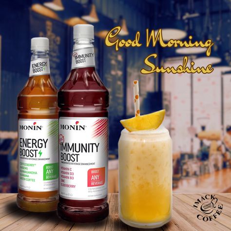 INGREDIENTS: 1/2 oz. Monin Total Immunity Boost / 1/2 oz. Monin Energy Boost / 2 oz. fresh orange juice / 4 oz. coconut water / 2 oz. oat milk / Orange slice to garnish // INSTRUCTIONS: 1) Fill serving glass full of ice. 2) Pour ingredients into mixing tin in order listed. 3) Spindle mix for 2-count and pour into serving glass with ice. 4) Add garnish and serve! Immunity Boost, Fresh Orange Juice, Orange Slice, Fresh Orange, Good Morning Sunshine, Energy Boost, Vitamin D3, Oat Milk, Orange Slices