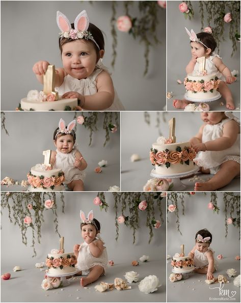 Some Bunny Is One Smash Cake, Bunny Smash Cake Girl, Bunny Smash Cake, Somebunny Is One, Bunny Birthday Theme, Floral Birthday Cake, Spring Birthday Party, Bunny Birthday Party, 1st Birthday Party For Girls