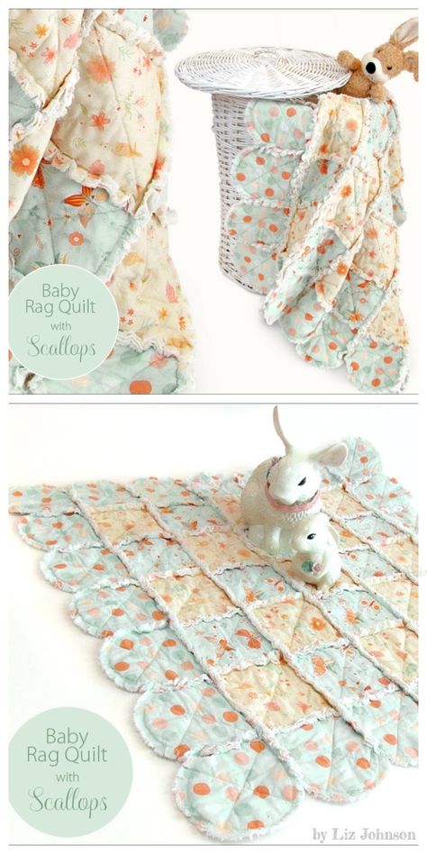 DIY Scalloped Baby Rag Quilt Free Sewing Pattern & Tutorial Baby Rag Quilts Easy How To Make, Boho Rag Quilt, Baby Rag Quilt Patterns, Rag Quilts Patterns, Rag Quilts For Beginners, Baby Quilts Patterns Free, Easy Baby Quilts For Beginners, Rag Quilt Patterns Easy, Butter Horns