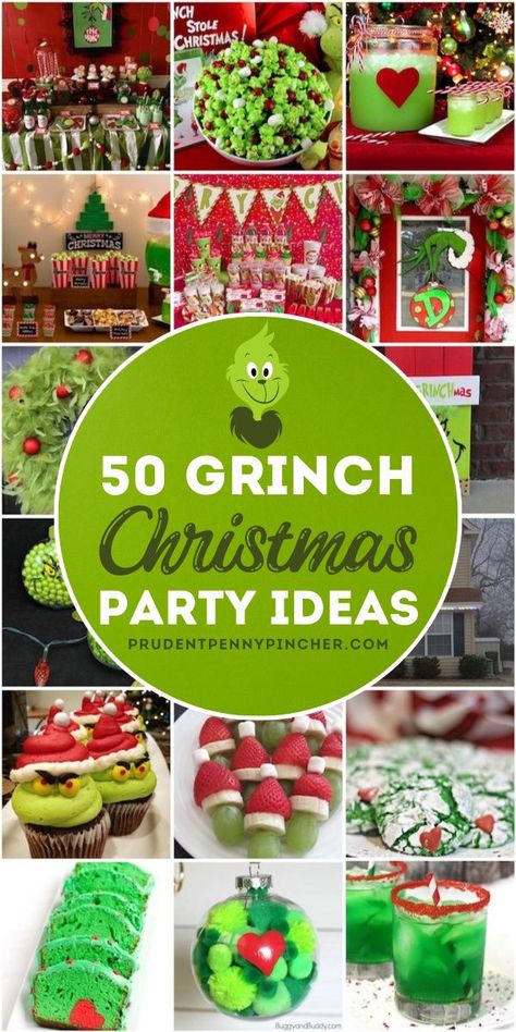 Throw a grinch themed christmas party with these grinch christmas party ideas. From grinch christmas party decorations to grinch party foods, there are plenty of festive and fun party ideas to choose from. The Grinch Party Theme, Whoville Dinner Ideas, Whoville Christmas Party Food, Grinch Cookie Exchange Party, Grinch Breakfast Food, Grinch Outside Decor, Grinchmas Decorations Grinch Party, Whoville Christmas Food Party Ideas, Grinchmas Party Food Ideas