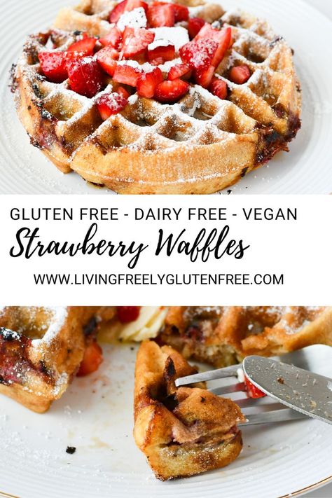 Are you team waffle or pancake? My family is team pancake, but waffles are my favorite and that’s why I had to have the perfect homemade gluten free waffle recipe. This base of this easy gluten free waffle recipe can be made with any mix-ins to customize it however you would like. However, Gluten Free Strawberry Waffles never disappoint and they are perfect for using up seasonal berries. I am going to show you how to make the ultimate gluten free dairy free strawberry waffles. Gluten Free Waffle Recipe, Vegetarian Gluten Free Recipes, Simple Gluten Free Recipes, Dairy Free Gluten Free Recipes, Waffles Vegan, Berry Waffles, Healthy Waffles, Paleo Gluten Free Recipes, Strawberry Waffles