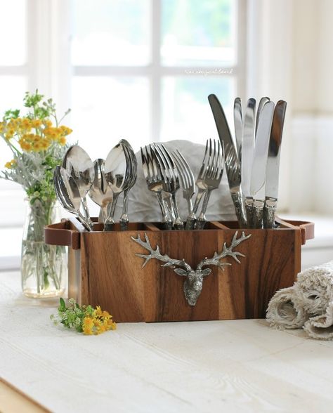 ciao! newport beach: my flatware caddy styled for 3 seasons Wooden Flatware, Elk Head, Flatware Caddy, Vintage Goblets, Be Organized, Luxury Tableware, Transferware Plate, Leaf Bowls, Patterned Plates