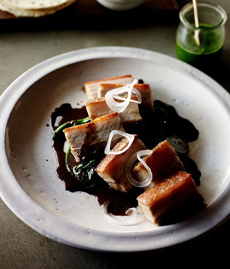 Pork belly in chilli-chocolate piloncillo sauce recipe | Mexican recipe | Gourmet Traveller recipe - Gourmet Traveller Chilli Chocolate, Cannot Sleep, Recipe For Pork, Recipe Mexican, Red Meat Recipes, Mexican Recipe, Pork Belly Recipes, How To Sleep, Dried Shrimp