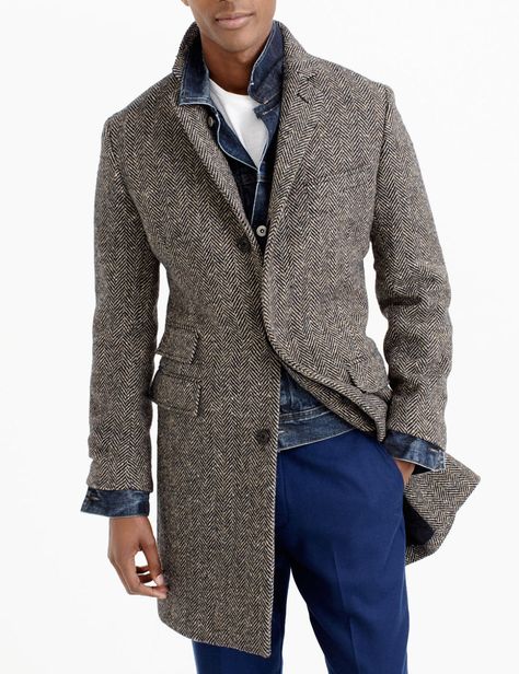 J. Crew: Ludlow Herringbone Tweed Topcoat Mens Tweed Overcoat, Herringbone Overcoat, Tweed Overcoat, Tweed Men, Mens Fashion Coat, Mens Fashion Denim, Overcoat Men, Herringbone Coat, Mens Fashion Business Casual