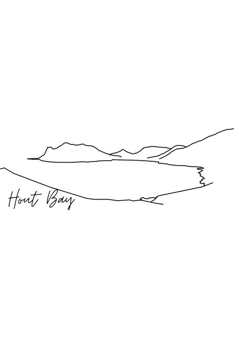 A white background with a black minimalistic line drawing of Hout Bay, which lies twenty kilometres south of Cape Town. The point of view is from Chapman's Peak Drive. Camps Bay Cape Town, Provinces Of South Africa, Harbour Town, Table Mountain, Western Cape, Line Art Design, Cape Town, South Africa, Line Drawing