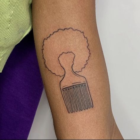 Harlem Tattoo Ideas, Water Myself Tattoo, Kenyan Tattoo Ideas, To Be Young Gifted And Black Tattoo, Afro Comb Tattoo, African American Tattoo Ideas For Women, Line Art Tattoos Black Women, Afro Pick Tattoo, Afro Centric Tattoo