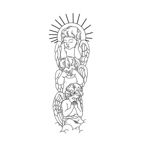 Happy Angel, Hear No Evil See No Evil Tattoo Ideas Angels, See No Evil Speak No Evil Tattoo Stencil, Angel Tattoo Sleeve, Shoulder Angel Tattoo, Heaven Tattoos Women, Mexican Theme Tattoos, Angel In Disguise Tattoo, Cherub Outline Tattoo