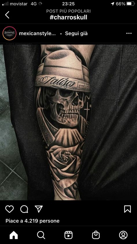 Mexican Memorial Tattoos, Mexican Soldier Tattoo, Dia De Los Muertos Tattoo Ideas Men, Charro Skull Tattoo, Charro Tattoo Design, Jalisco Tattoo, Charro Tattoo, Tattoo Catholic, Mexican American Tattoos