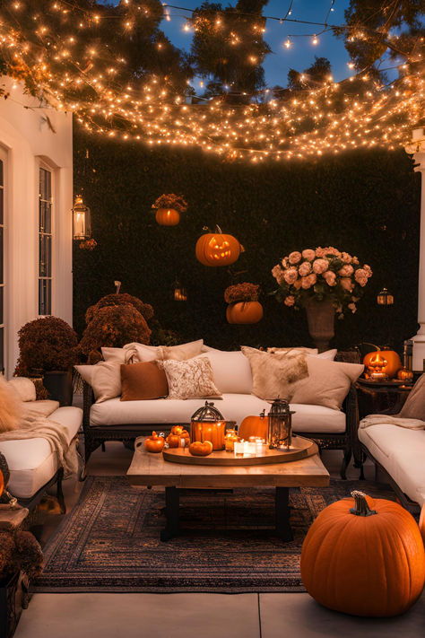 Fall Patio Ideas, Fall Patio, Halloween Kitchen Decor, Cozy Patio, Halloween Kitchen, Fall Decorations Porch, Happy Fall Y'all, Decks And Porches, Fall Porch