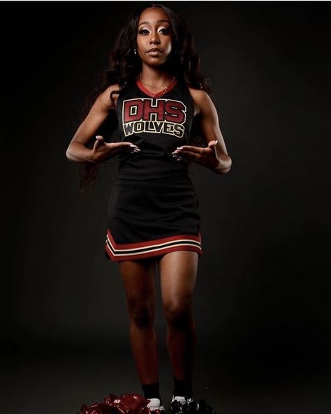 Senior Cheer Banners Picture Ideas, Cheer Poses Individual Photo Ideas Black, Cheer Senior Portraits, Cheerleader Poses For Pictures, Black Cheer Uniforms, Media Day Poses Cheer, Cheer Media Day Pictures, Media Day Cheer Poses, Cheer Makeup High School