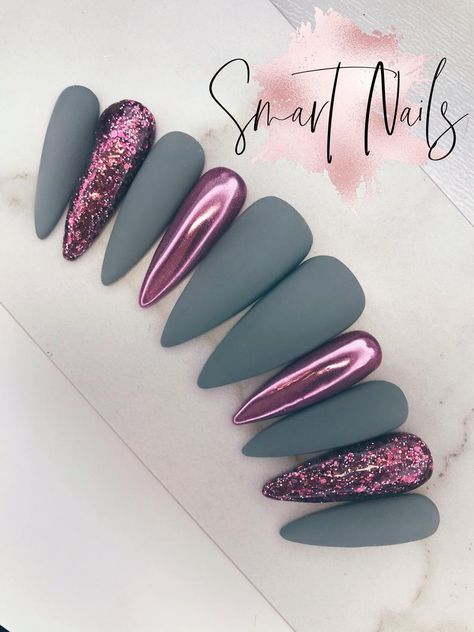 Press on Nails Matte Grey/ Chrome False Nails Press on - Etsy Grey Matte Nails Almond, Chrome And Matte Nails, Matte And Chrome Nails, New Trendy Nails, Matte Color Nails, Matte Nails With Glitter, Trendy Nails Matte, Nailart Autumn, Press On Nails Application