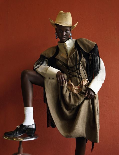 Billy Kidd, Adut Akech, Viviane Sassen, Dazed Magazine, Modern Cowboy, Cowboy Aesthetic, Black Cowboys, Black Cowgirl, Pleated Shirt Dress