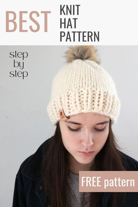 woman wearing knit hat Super Bulky Hat Knitting Pattern, Free Chunky Knit Hat Patterns, Easy Knit Hat Pattern Free In The Round, Chunky Beanie Knitting Pattern Free, Super Bulky Knit Hat Pattern Free, Knit A Hat For Beginners, Beginner Knit Hat, Chunky Knit Hat Pattern, Knitted Hat Patterns Free Women