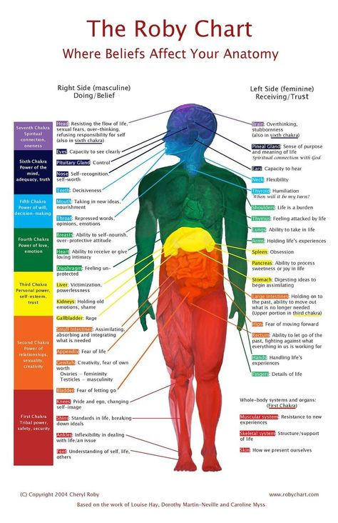 The Original Roby Chart© is a unique tool that was born from my frustration, as a student of energy healing, that there was no one place to see the color meaning and location of the 7 major energy centers (chakras) in the physical body, along with a sample of core beliefs that can affect health.  I distilled and integrated information from several expert sources, including Louise Hay, Caroline Myss and Dorothy Martin-Neville. Then I consigned an artist to do the anatomy.  Each part of the body h Roby Chart, Manifesting Money Affirmations, Body Chart, Core Beliefs, Color Meanings, Body Energy, Les Chakras, Manifesting Money, Money Affirmations