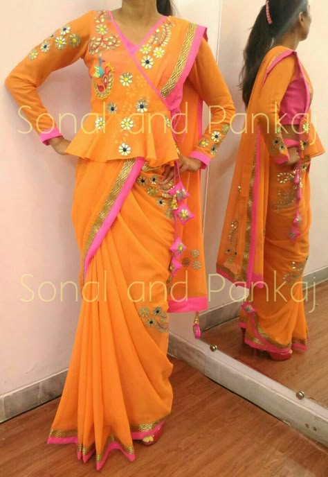 Jacket Style Blouses For Saree, Saree Jacket Designs, Fashionable Saree, Long Blouse Designs, Saree Jackets, Model Blouse, Jacket Blouse, Saree Blouse Neck Designs, Gotta Patti