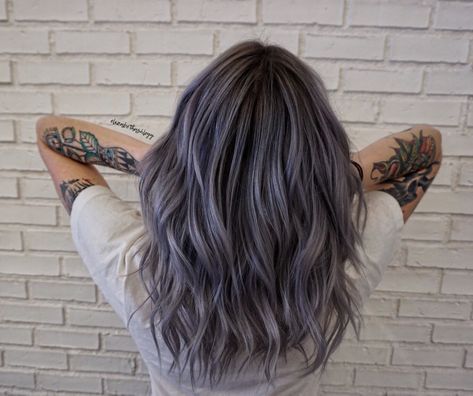 Grey roots | purple hair | light purple hair | elizabethashleyy Steel Amethyst Hair Color, Ash Purple Hair Highlights, Purple Gray Balayage, Lavender Toned Hair, Light Purple Silver Hair, Light Purple Hair Balayage, Purple Silver Highlights, Purple Gray Highlights Brown Hair, Light Purple Grey Hair