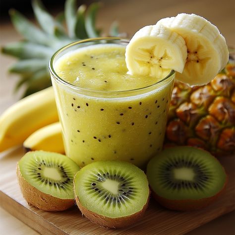 Kiwi, Banana and Pineapple Smoothie: An Explosion of Freshness and Flavors! This kiwi, banana and pineapple smoothie is the perfect blend of exotic fruits for a moment of freshness and pleasure. Simple to prepare, it is ideal to start the day or as a revitalizing snack. Ingredients : - 2 kiwis, peeled and cut into pieces - 1 banana, peeled and sliced - 200 g of fresh or canned pineapple, drained and cut into pieces - 150 ml of natural yogurt or milk (or a plant-based alternative) - 1 tablespo... Healthy Filling Breakfast, Kiwi Banana Smoothie, Kiwi And Banana, Kiwi Smoothie, Fair Food, Pineapple Smoothie, Canned Pineapple, Natural Yogurt, Filling Breakfast