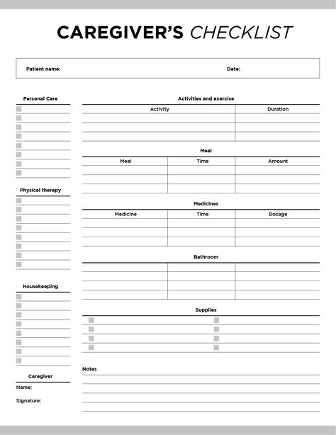 Printable Medication List Templates For Patients And Caregivers Patient Care Plan Template, Caregiver Schedule Template, Caregiver Daily Log Sheet, Caregiver Checklist Template, Caregiver Binder Free Printables, Home Health Care Caregiver Tips, Caregiver Checklist, Medical Printables, Personal Care Assistant