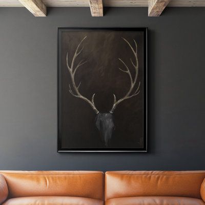 A premium framed print created to last. Framed in distressed wood. This product features a beveled solid wood stretcher bar, each piece comes ready to hand. Each piece comes with hanging hardware. Frame Color: Black, Size: 24.5" H x 18.5" W x 1.25" D | The Twillery Co.® Buck Framed On Paper Print in Black / Gray | 24.5 H x 18.5 W x 1.25 D in | Wayfair | Home Decor Deer Wall, Distressed Wood, Wood Home Decor, The Ranch, Paper Print, Cabin Decor, How To Distress Wood, Pillow Art, Art Sur Toile