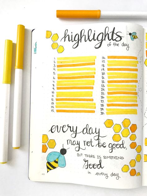 Celebrate the best parts of your month every day with this highlights of the day page in your bullet journal. This spread can be used as a gratitude journal or as a place to write down fun memories of the month. This is one of several pages included in this September plan with me blog post, all featuring a honeybee theme. Highlighter Journal Ideas, September Dot Journal Ideas, Bujo Highlight Of The Day, Journal Highlight Of The Day, Highlight Of The Day Bullet Journal, Fun Bullet Journal Ideas, Journal Month Page, Honeybee Theme, September Bullet Journal