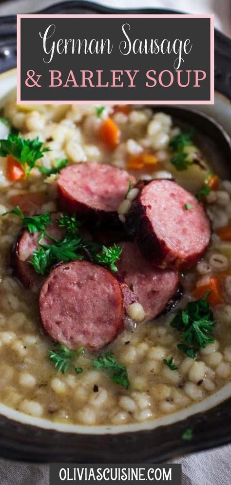 Sausage And Barley Soup, Soup With Sausage Kielbasa, German Crockpot Recipes, Polish Sausage Soup, Chowders Recipes, Hot Sausage Recipes, Farmer Sausage, Beef Sausage Recipes, Easy German Recipes