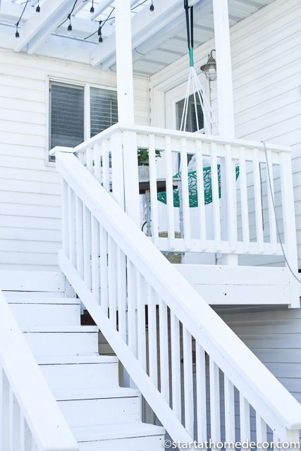 DIY-Painting a Deck white White Decks Backyard, White Deck Railing Ideas, White Decks Outdoor, Painting Deck Railing, White Painted Deck, White Deck Ideas, White Wood Deck, White Flooring Ideas, White Deck Railing