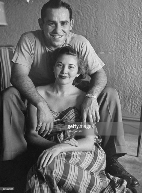 Portrait of baseball player Yogi Berra and his wife at home. 90 Pictures, Baseball Catchers, Famous Athletes, New York Yankees Stadium, Iconic Photographs, Baseball Legends, Yogi Berra, Baseball Stuff, Baseball Quotes