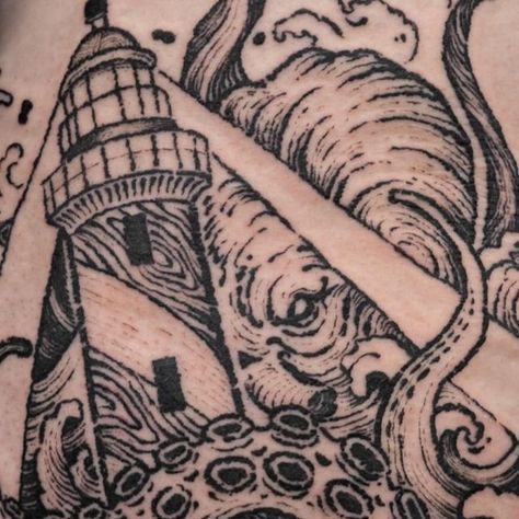 Tattooist Wood on Instagram: "Kraken with lighthouse  Textured tattooing in Melbourne DM me for booking 1/19th - 2/28th 3509rl , 6hours one session  #woodcuttattoo #blackwork #engravingtattoo #melbournetattoo" Melbourne Tattoo, Woodcut Tattoo, Engraving Tattoo, Lighthouse Tattoo, Reference Photos, Kraken, Tattoos And Piercings, Blackwork, Book 1