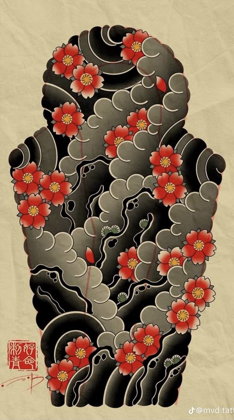 Japanese Flower Tattoo Art, Japanese Traditional Tattoo Flowers, Tato Japan, Japanese Background Tattoo, Japanese Flower Tattoo Design, Asian Tattoo Sleeve, Blackout Tattoo Ideas, Raijin Tattoo, Language Tattoos