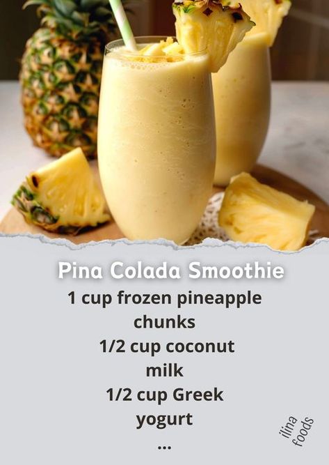 Kitchen Whimsy Piña Colada Smoothie, Smoothie Recipies, Pina Colada Smoothie, Healthy Juice Drinks, Iced Drinks Recipes, Pineapple Chunks, Smoothie Recipes Healthy Breakfast, Drink Recipes Nonalcoholic, Smoothie Drink Recipes