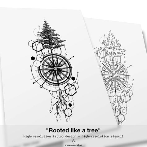 Tattoo design inspired by the wisdom and power of endurance. A compass intertwined with a pine tree, roots visible, surrounded by geometric decorations and hexagon pattern. A subtle reminder to stay strong, determined, and connected to your roots. Geometric Compass Tattoo, Roots Tattoo, Compass Tattoo Design, Compass Rose, Geometric Decor, Custom Tattoo Design, Tree Tattoo, Blackwork Tattoo, Custom Tattoo