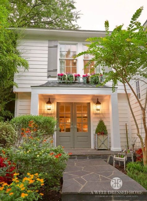 Blue House White Trim, White Home Exterior, Shutters Repurposed Decor, Farmhouse Shutters, White Exterior Paint, Rustic Shutters, House Shutters, Farmhouse Renovation, Exterior Paint Colors For House