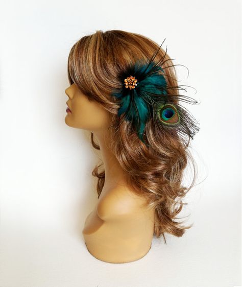 PERSEPHONE Green Peacock Fantasy Feather by PrettyBabyMillinery, $79.00 Peacock Headpiece, Peacock Bedroom, Feather Hair Pieces, Peacock Costume, Green Peacock, Peacock Dress, Feather Fascinator, Feather Hair Clips, Masquerade Costumes