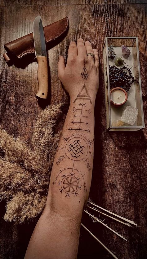 Slavic Runes Tattoo, Ritualistic Tattoo, Slavic Pagan Tattoo, Slavic Tattoo Design, Viking Tattoo Sleeve Designs, Male Tatoos Ideas, Norse Pagan Tattoo Ideas, Scandinavian Tattoo Men, Perun Slavic Tattoo