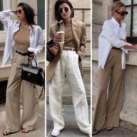 Wide Beige Pants Outfit, Slacks Outfit, Black Top Outfit, Beige Hose, Outfit Beige, Parisian Look, Casual Chic Outfits, Fashion Jobs, Look Office