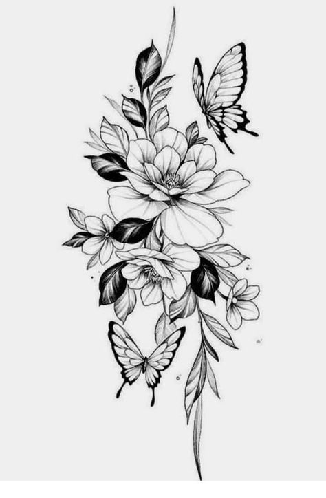 Butterfly With Flowers Tattoo, Floral Back Tattoos, Flowers Tattoos, Floral Thigh Tattoos, Tattoo Nature, Blackwork Tattoos, Flower Tattoo Shoulder, Flowers Tattoo, Sleeve Tattoos For Women