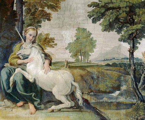 A Virgin with a Unicorn. (1602) Fresco by Domenichino. Annibale Carracci, Unicorn Tapestries, Unicorn Artwork, Unicorn Painting, Istoria Artei, Last Unicorn, Fantasy Wall Art, Porto Rico, Unicorn Art