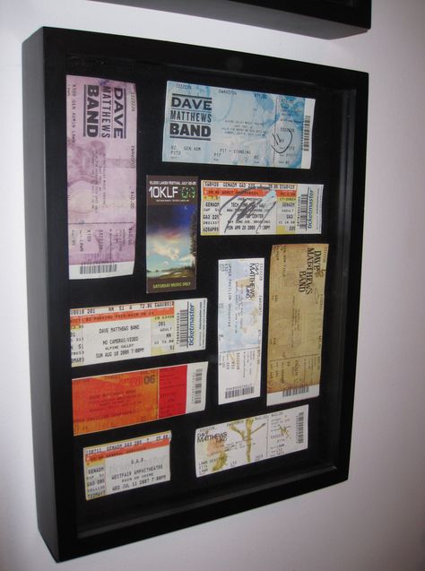 Display your concert tickets with foam mounting tape in a shadow box! I made two to go side by side. -WN Concert Ticket Display, Concert Wall, Ticket Display, Album Display, Memorabilia Display, Concert Ticket, Wall Displays, Diy Display, Extension Ideas