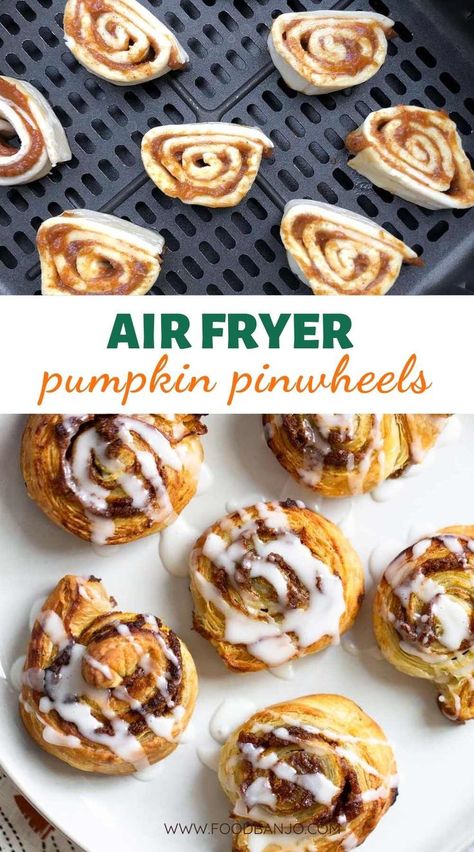 pumpkin pinwheels with a glaze Pumpkin Pie Pinwheels, Air Fryer Pumpkin Desserts, Air Fryer Thanksgiving Desserts, Air Fryer Halloween Treats, Air Fryer Fall Desserts, Pumpkin Recipes Air Fryer, Halloween Air Fryer Recipes, Air Fryer Pumpkin Recipes, Fall Pinwheel Recipes