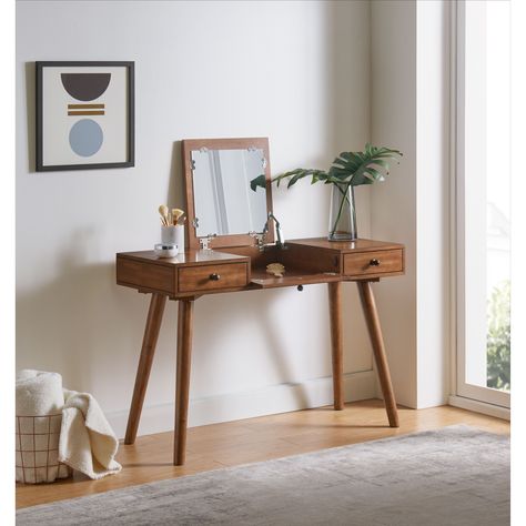 Bring a touch of vintage charm to your space with the Mid-Century Modern 2-Drawer Vanity / Desk. Desk For Small Room, Simple Desk Ideas, Small Vanity Desk, Mid Century Dressing Table, Mid Century Modern Vanity, Mid Century Vanity, Nyc Apt, Neutral Bedroom Decor, Brown Desk