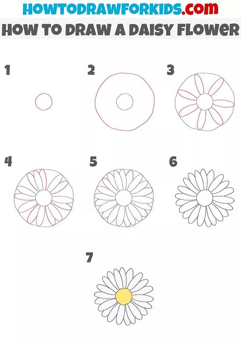 How to Draw a Daisy Flower - Easy Drawing Tutorial For Kids Daisy Flower Drawing Step By Step, How To Draw A Daisy, How To Draw Step By Step Easy, Draw A Daisy, Daisy Flower Drawing, Lady Cartoon, Daisy Drawing, A Daisy Flower, Flower Step By Step